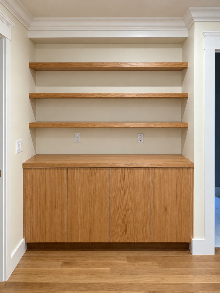 Oak cabinet with floating wood shelves